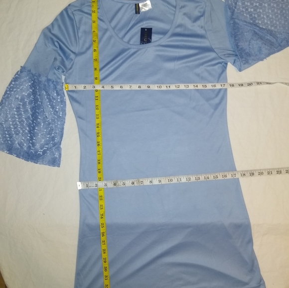 Manhattan Blues Shift Dress Jersey Style Light Grey Blue Summer Party Ruffles - Picture 11 of 16